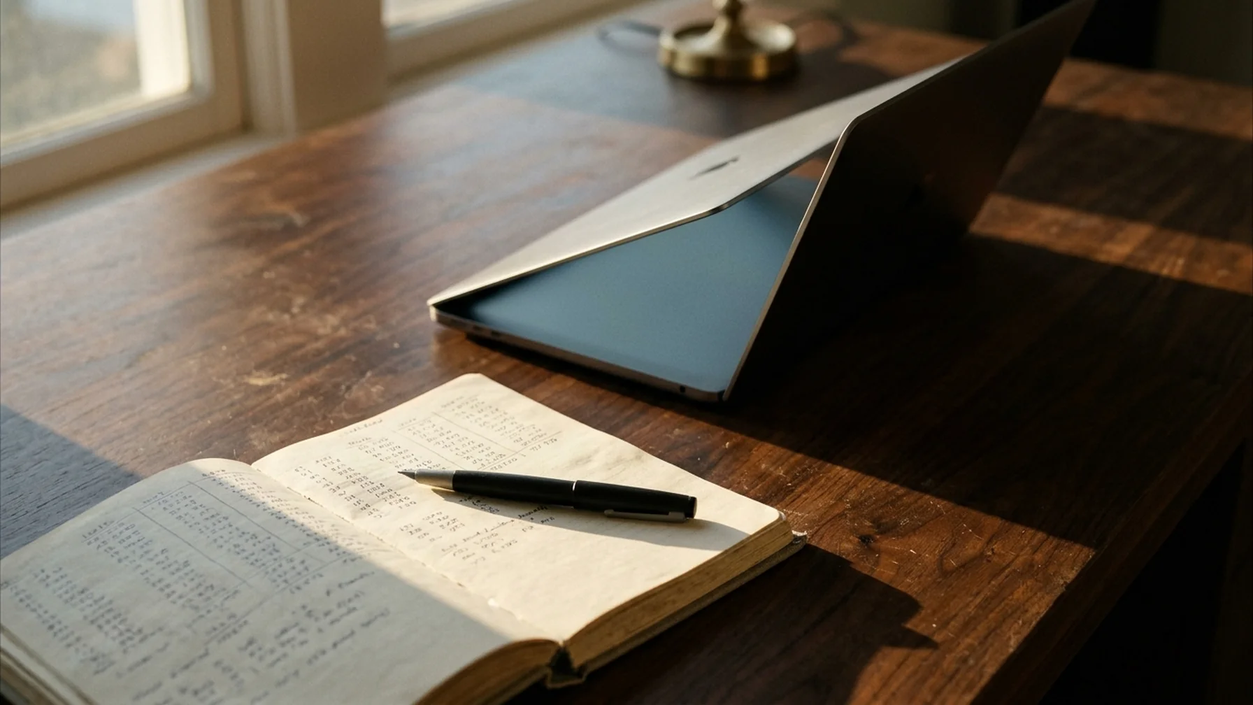 Laptop on a desk showing a chart beside a paper notebook with handwritten figures and a pen, afternoon light across the surface