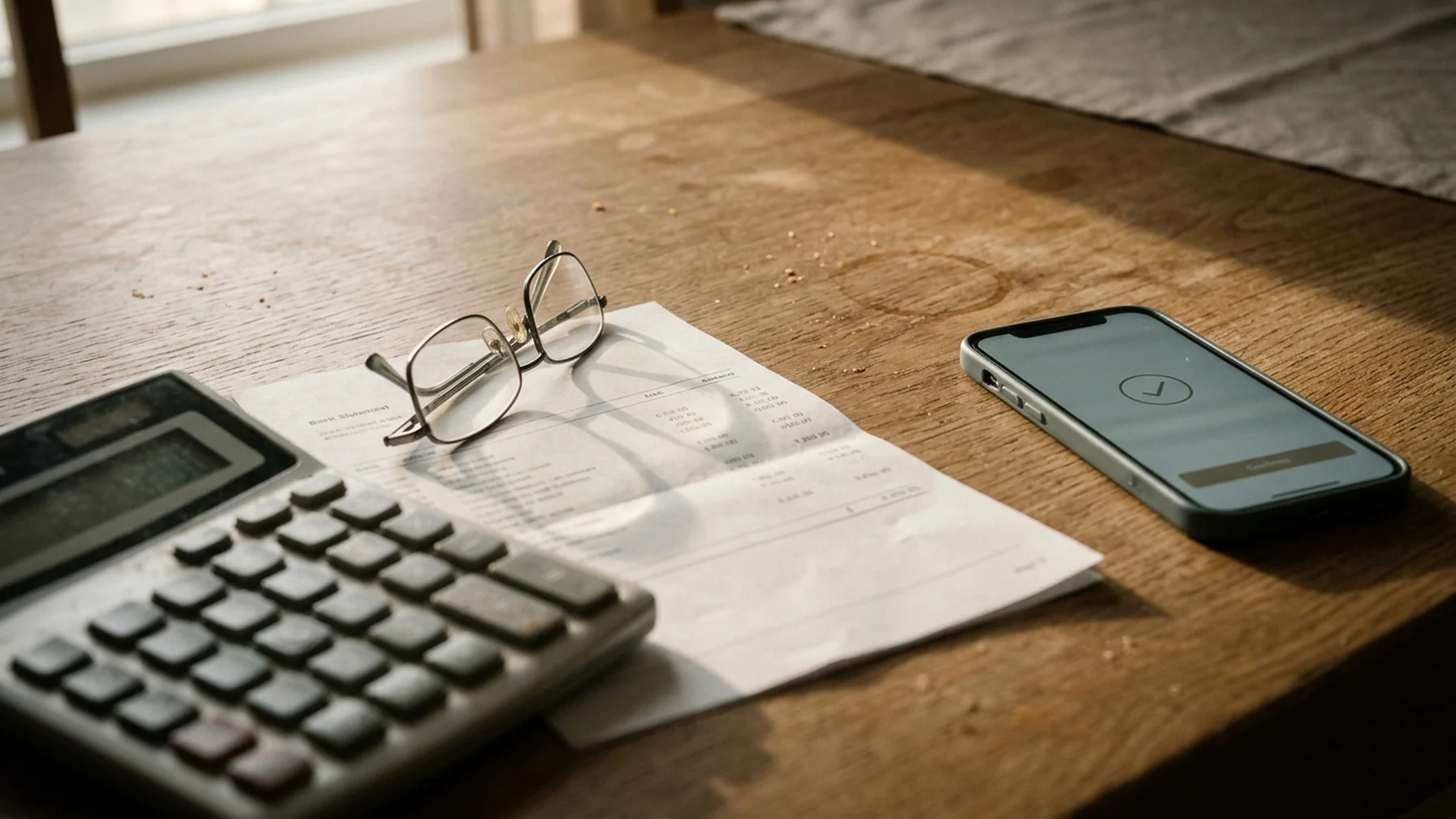 A calculator, a printed fee statement and a phone showing a withdrawal confirmation on a kitchen table in daylight