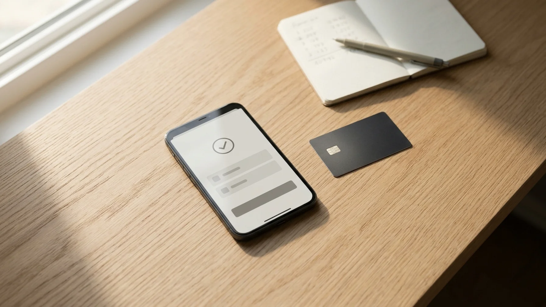 A phone on a wooden desk showing a payment confirmation, beside a bank card and a small notebook with handwritten figures, morning light from a window