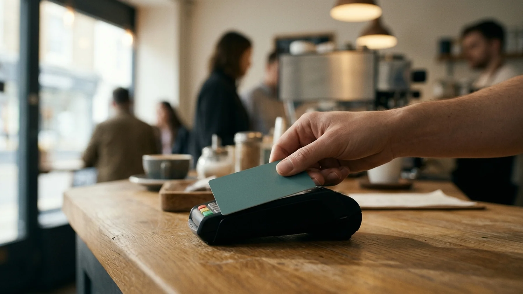 Payment terminal on a cafe counter with a card being tapped, blurred customers in the background, daylight from a storefront window
